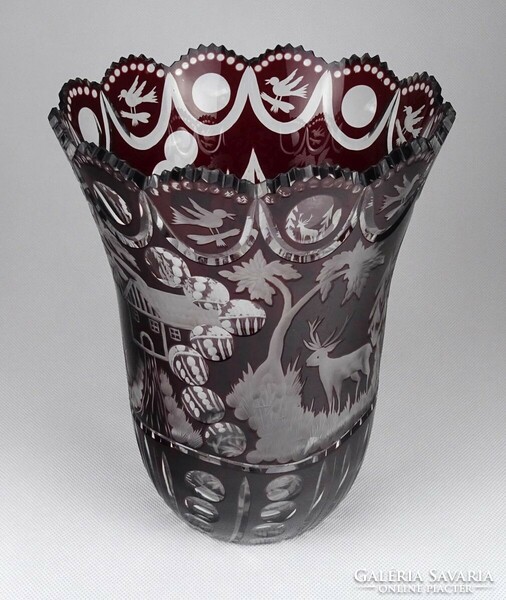 1I592 beautiful eggerman deer bird burgundy crystal vase 25.5 Cm