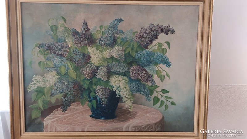 (K) Szép antik virágcsendélet festmény Balogh A. jelzéssel 90x70 cm kerettel
