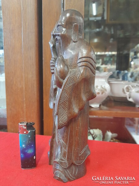 Chinese sage wooden carving, hand carved statue. 25 Cm.