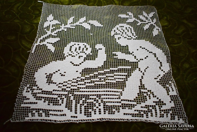 Antique lace putto tablecloth, curtain, decorative pillow, picture insert 24 x 24 cm filet