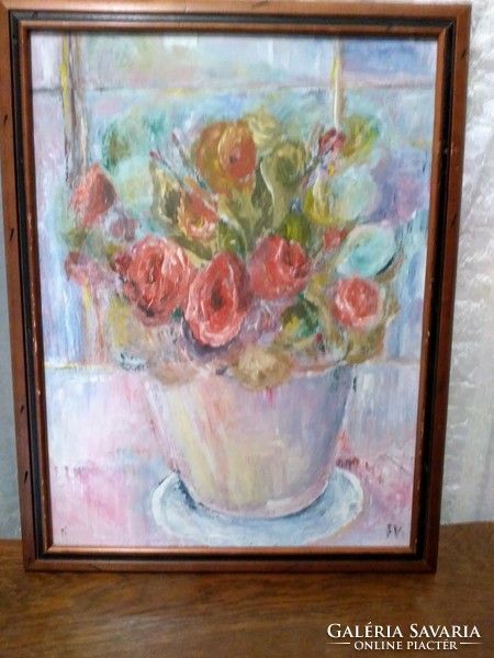 Flower in the window, labeled oil painting