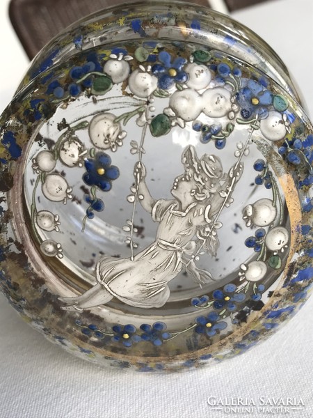 Art Nouveau glass box with a hand-painted lid and a gilded metal egg