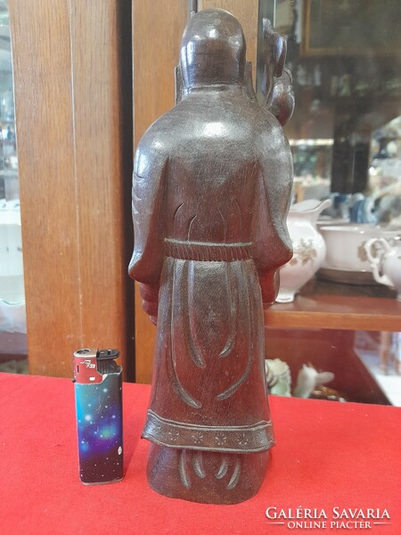 Chinese sage wooden carving, hand carved statue. 25 Cm.