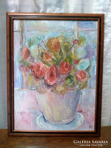 Flower in the window, labeled oil painting