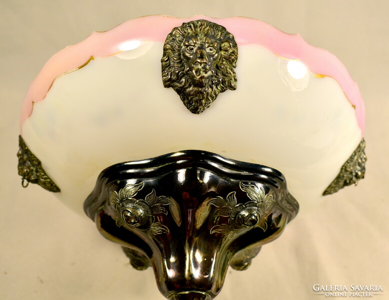 XIX. No. Antique berndorf painted milk glass bowl lion head figure centerpiece - offering