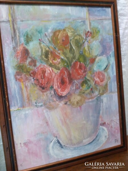 Virág az ablakban, jelzett olaj festmény