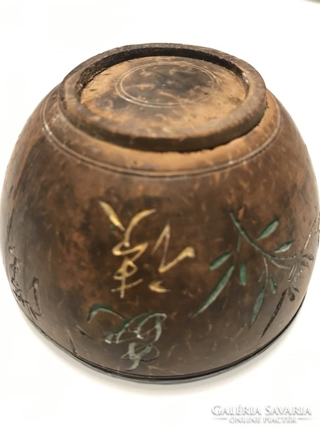 Antik kínai, kókuszhéjból faragott, ezüstlappal bélelt teáscsésze, 9 cm átmérő