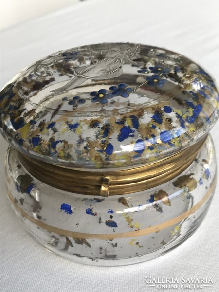 Art Nouveau glass box with a hand-painted lid and a gilded metal egg