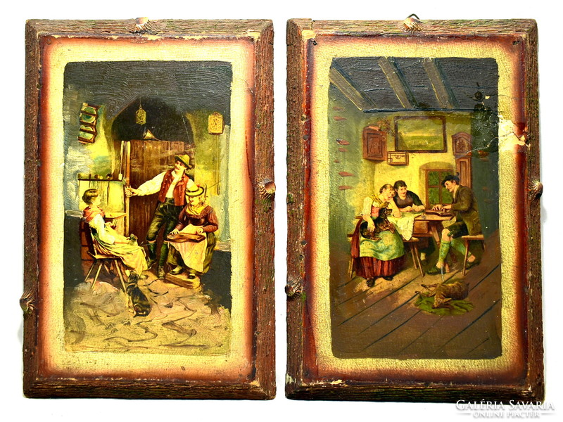 Boastful hunters ... 1900 Around painted chromatolithography wooden framed picture pair !