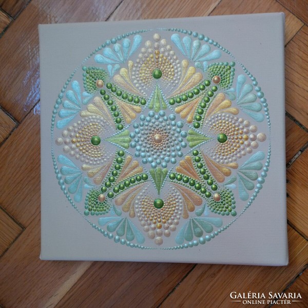 ÚJ! Bézs zöld arany Iránytű mandala kép kézzel festett 20x20cm