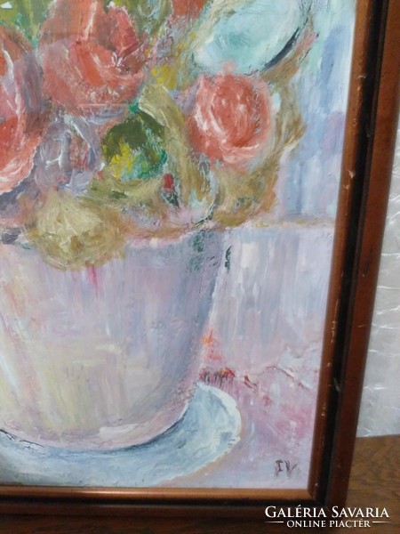 Flower in the window, labeled oil painting