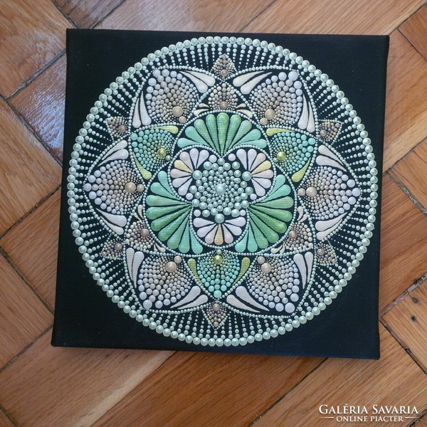 New! Beige green brown gold three wishes mandala picture hand painted 20x20cm