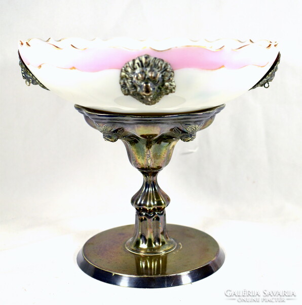 XIX. No. Antique berndorf painted milk glass bowl lion head figure centerpiece - offering