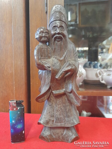 Chinese sage wood carving, hand carved statue. 25.5 Cm.