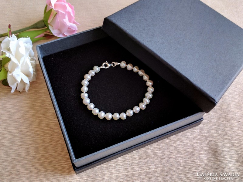 White cultured pearl bracelet - knotted freshwater pearl bracelet in gift box 925 silver