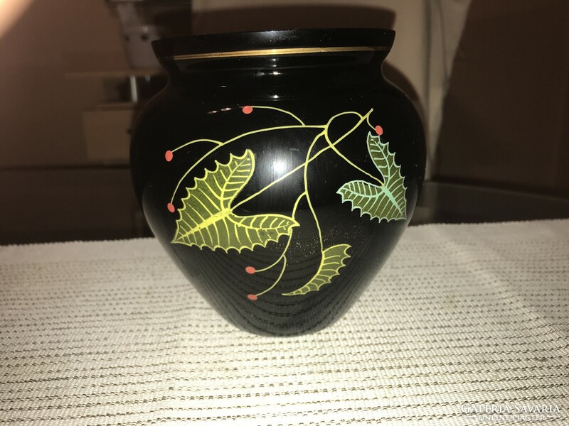 Cobalt blue glass vase with a painted motif