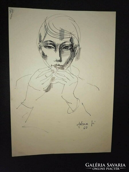 Ink drawing by János Józsa of a woman's head