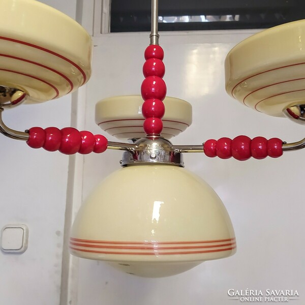 Art deco - streamline - bauhaus 3-arm, 4-burner nickel-plated chandelier renovated - cream-colored covers