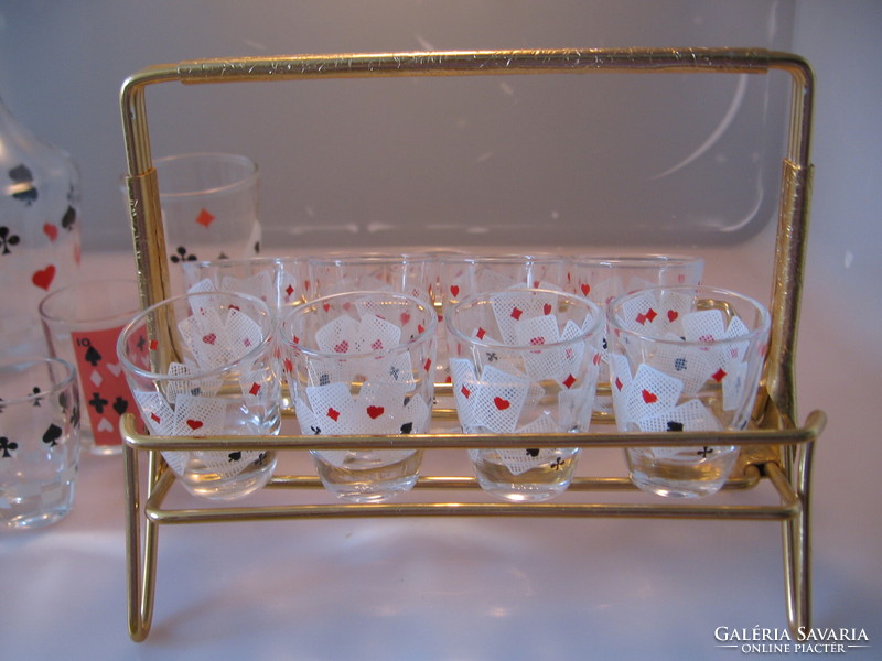 Set of 8 retro poker card-pattern brandy and liqueur glasses on an aluminum stand