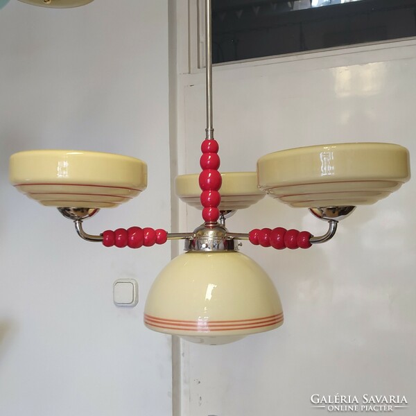 Art deco - streamline - bauhaus 3-arm, 4-burner nickel-plated chandelier renovated - cream-colored covers