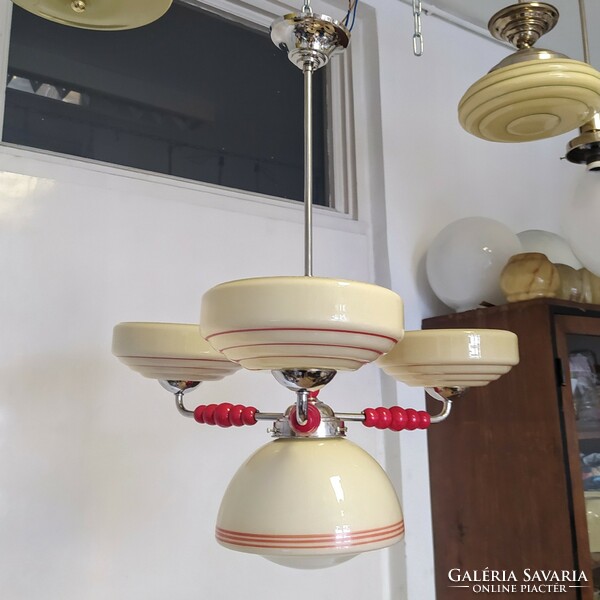 Art deco - streamline - bauhaus 3-arm, 4-burner nickel-plated chandelier renovated - cream-colored covers