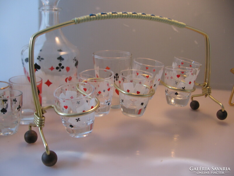 Set of 6 retro poker card-pattern brandy and liqueur glasses on an aluminum stand