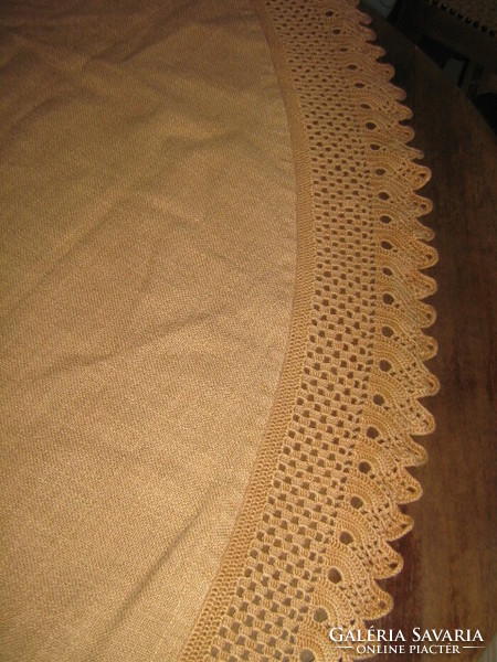 Beautiful huge brown hand-crocheted brown lace-edged woven tablecloth