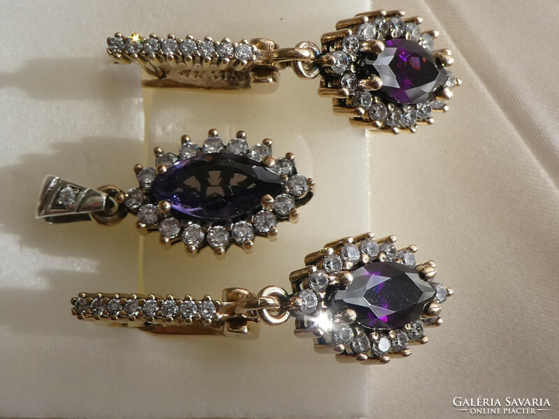 Amethyst stone silver pendant and earrings with bronze coating