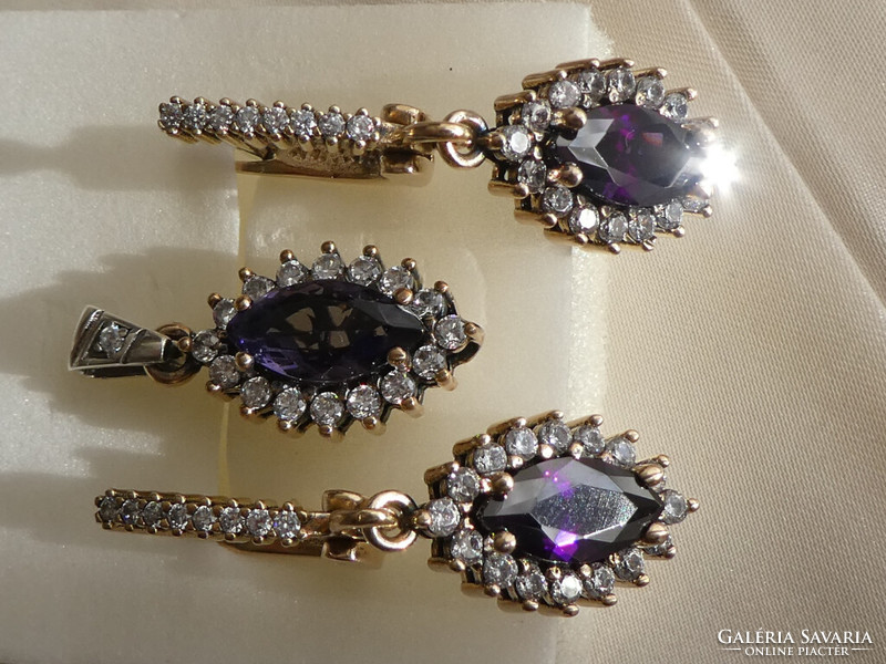 Amethyst stone silver pendant and earrings with bronze coating