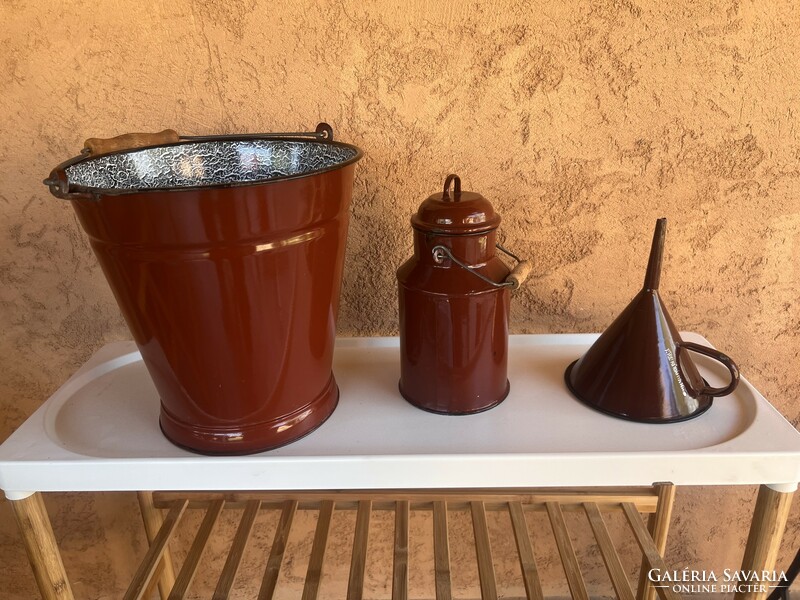 Enamel bucket, jug and funnel
