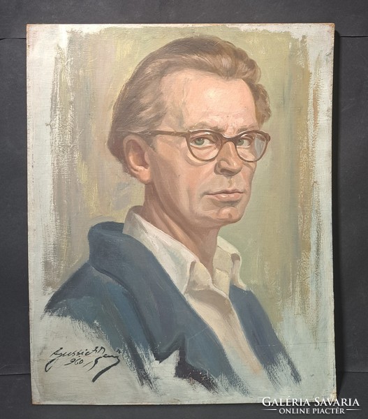 Jenő Gussich: portrait of a man with glasses, original oil-wood, marked from 1960