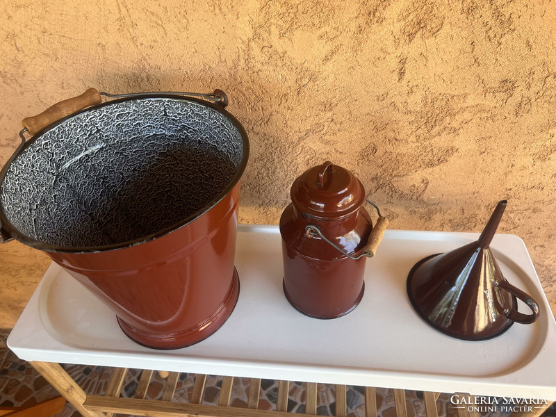 Enamel bucket, jug and funnel