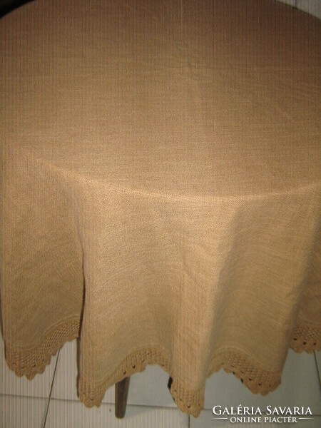 Beautiful huge brown hand-crocheted brown lace-edged woven tablecloth