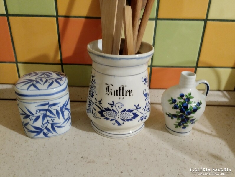 Blue and white ceramics. Sugar, wooden spoon, vinegar holder, vintage