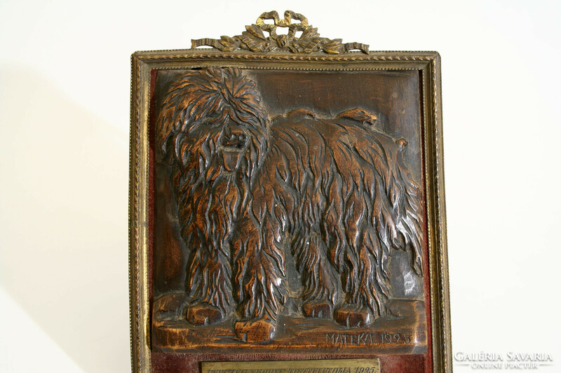 Sándor Mateka's relief Herczeg Ferenc's honorarium 1925. Puli dog carved wooden relief | Horthy