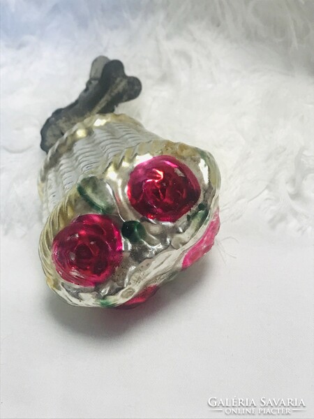 Retro glass Christmas tree decoration, flower basket with clip
