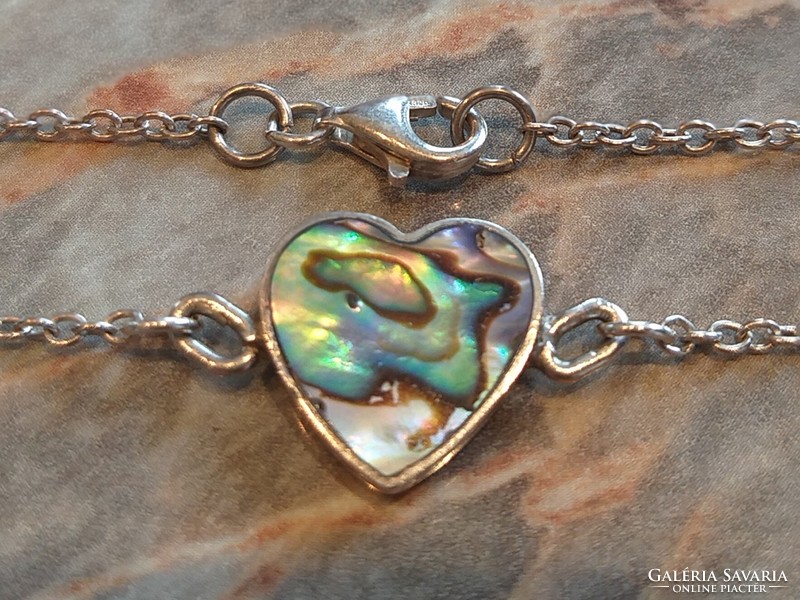 Abalone mother-of-pearl heart-marked silver pendant + silver necklace 45.5 cm