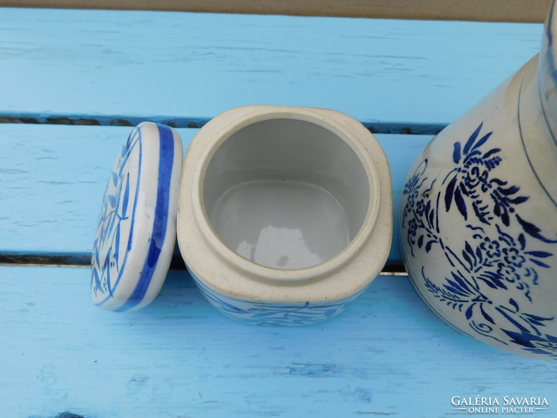 Blue and white ceramics. Sugar, wooden spoon, vinegar holder, vintage