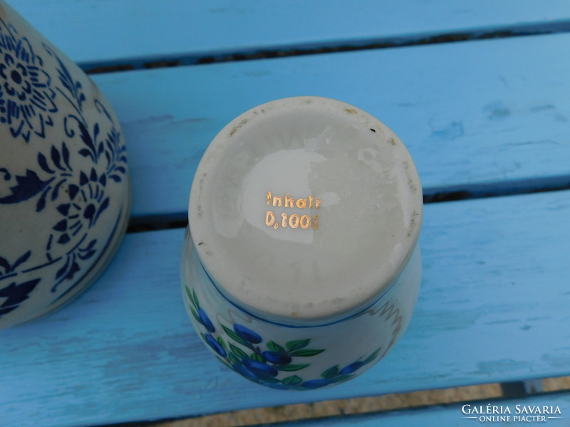 Blue and white ceramics. Sugar, wooden spoon, vinegar holder, vintage