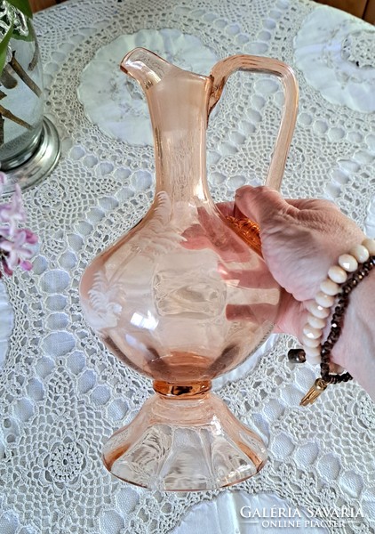 Mary gregory antique victorian style pink glass carafe with enamel painting