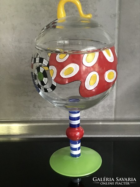 Hand-painted, cheerful bonbonier made of glass, 24 cm high
