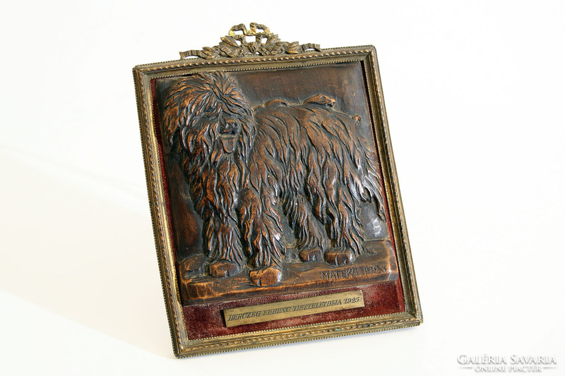 Sándor Mateka's relief Herczeg Ferenc's honorarium 1925. Puli dog carved wooden relief | Horthy