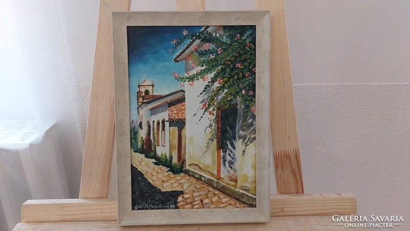 (K) signed cozy street detail painting with 29x22 cm frame