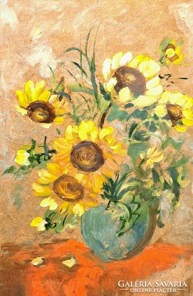 Sunflower still life from 1975 (oil, fibreboard) flower still life