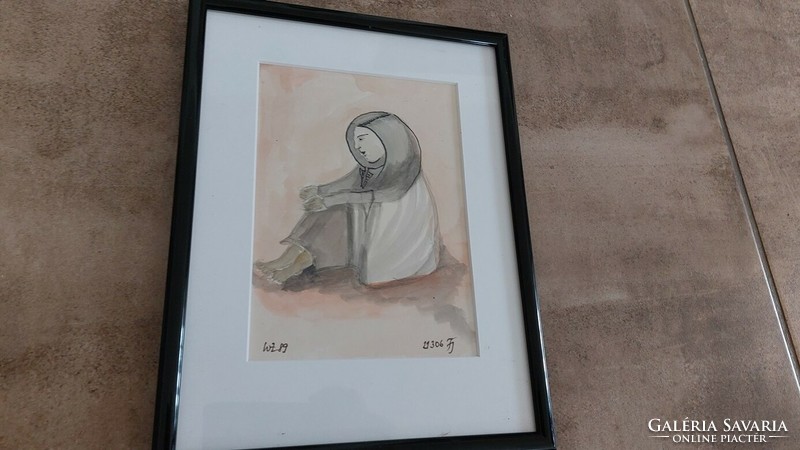 (K) signed watercolor painting with a hanging figure, 22x28 cm frame