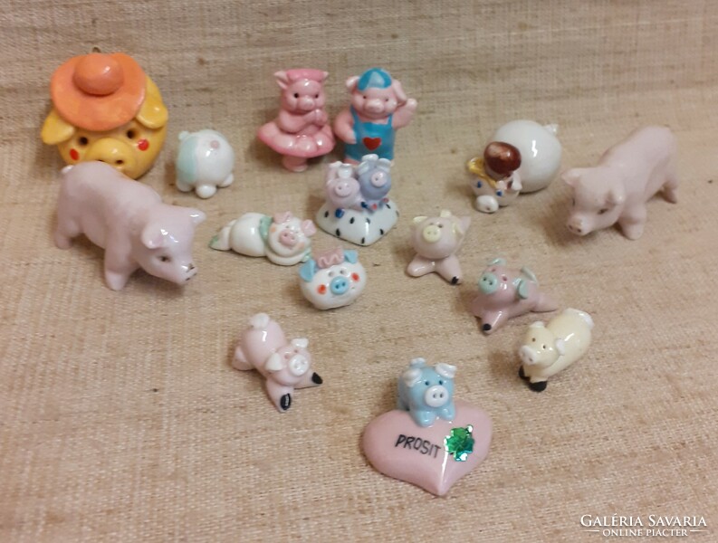 Retro handmade porcelain lucky little pig figure collection 14 pcs.