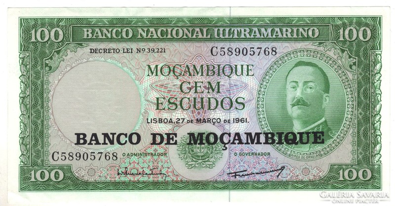 100 escudos 1961 Mozambik felülbélyegzett UNC 1.