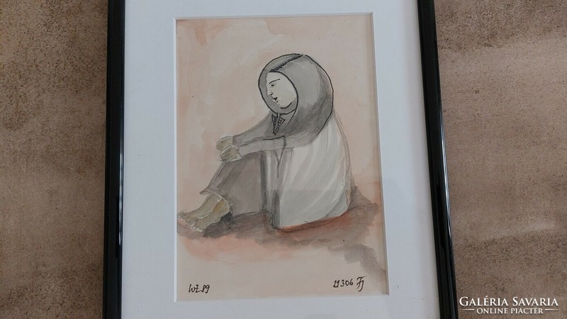 (K) signed watercolor painting with a hanging figure, 22x28 cm frame