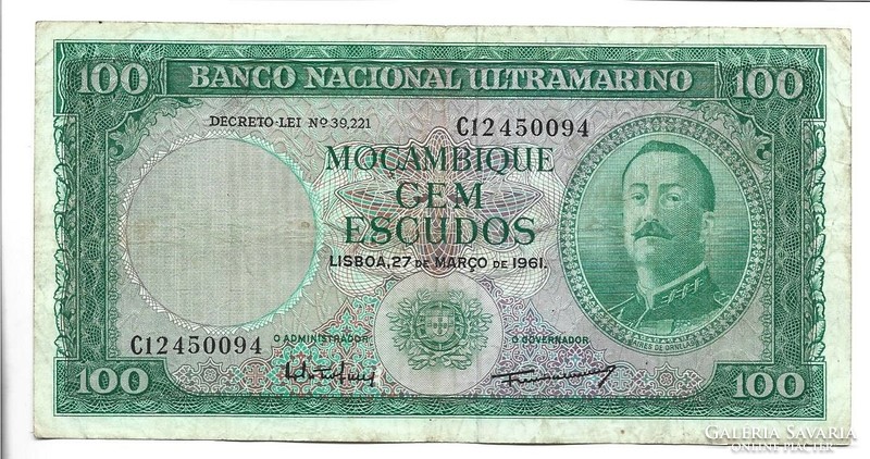 100 escudos 1961 Mozambik felülbélyegzés nélkül Ritka