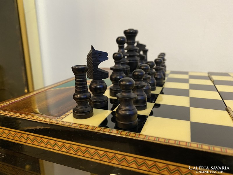 Spanish inlaid carved wooden chess set